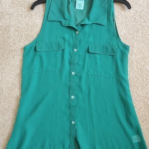 emerald green sheer collar silk blouse tank top